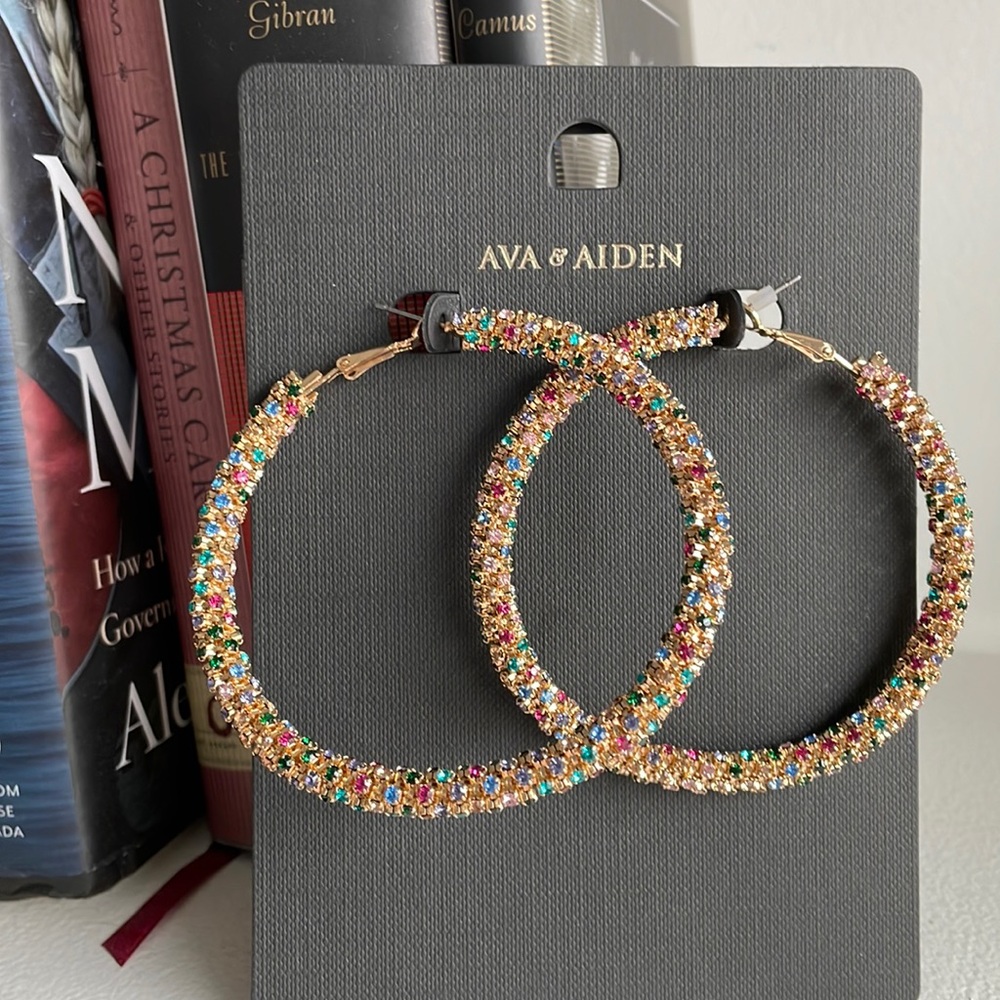 Never worn multi coloured crystal hoops from Saks - statement earrings ✨